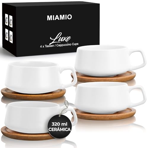 MIAMIO - 4 x 320 ml tazas de café/juego de taza y platillo/elegantes y modernas tazas de café en cerámica gres – Juego de 4 pzas de colección de lujo - Luxe Collection (Blanco)