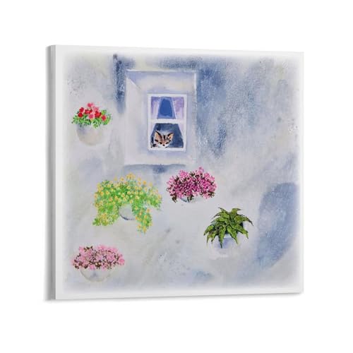 画家 渡辺あきお イラスト 水彩画 窓辺の猫 ポスター ウォールアート 部屋飾り 絵画 ベッドルーム リビング 壁の絵24x24inch(60x60cm)