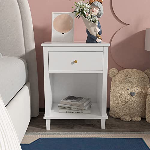 Modern Nightstand, Kids Nightstand with One Drawer, Bedside Table for Boys and Girls, Toddler Night Stand for Living Room, Bedroom, White