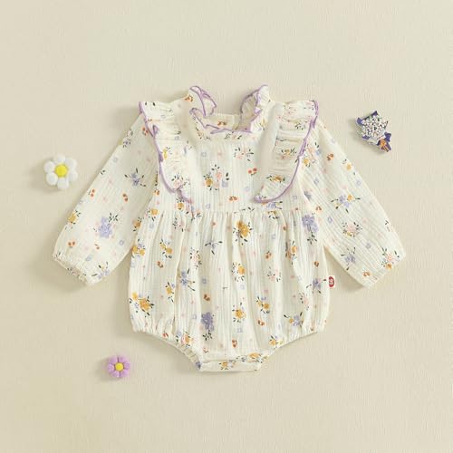 Emmababy Linen Bubble Romper Baby Girl Floral Smocked Romper Long Sleeve Ruffle Bodysuit Newborn Infant Fall Winter Clothes4