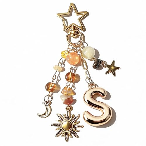 Celavoy Initial Bag Charms Keychain - Gold Letter S Y2K Aesthetic Boho Sun Moon Star Crystal Beads Purse Charm for Handbags Cute Key Chain Backpack Accessories Decoration Birthday Gift for Women Girls