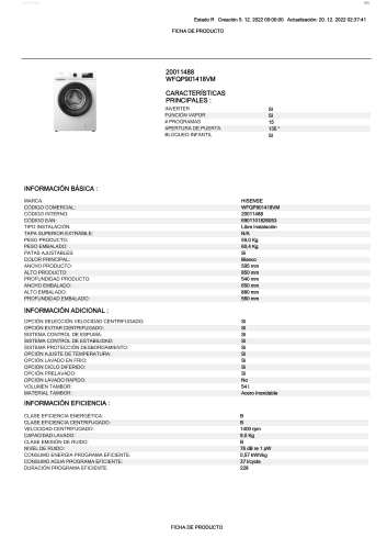 Hisense WFQP901418VM - Lavadora con Vapor, Carga Frontal 9 Kg Lavado, 1400 rpm, Sistema Antibalanceo, Puerta XL, Gran Display LED, Blanco - imagen 9