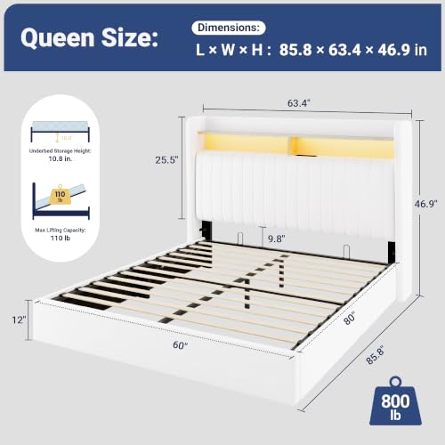 Image of Allewie Queen Size Lift Up Storage LED Bed Frame, Charging Station, White