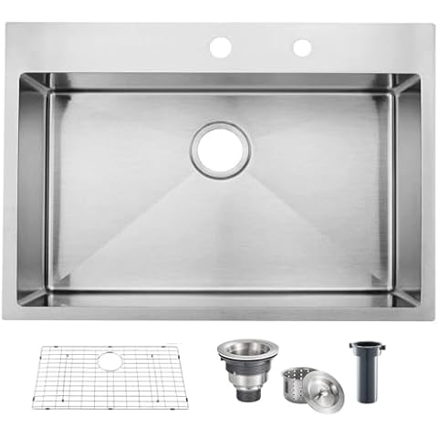 Comllen 28 Inch Drop in Kitchen Sink,28x18 Inch Top Mount 18 Gauge Stainless Steel Deep Kitchen Sinks,Brushed Nickel Single Bowl RV Laundry Utility Sink Cover