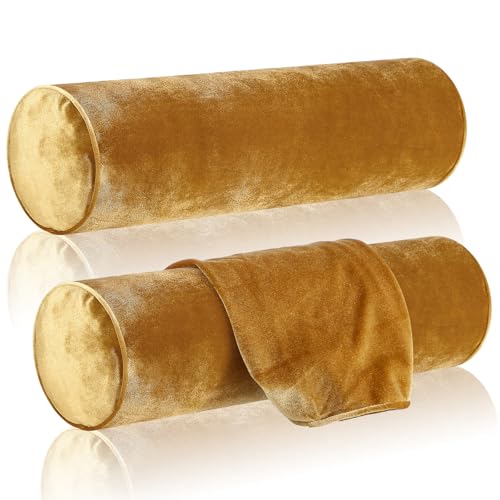 Qinyoung 2 Pcs Velvet Round Pillowcase 4 x 17 inches Cervical Neck Roll Pillowcase Bolster Pillowcase Round Neck Pillowcase for House Home Decor Cylindrical Pillow Cushion (Gold)