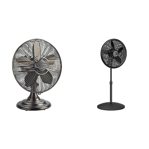 Lasko Oscillating Table Top Fan, Portable, 3 Quiet Speeds, for Bedroom, Kitchen and Office, 17", Bronze, R12210 & Oscillating Pedestal Fan, Adjustable Height, 3 Speeds