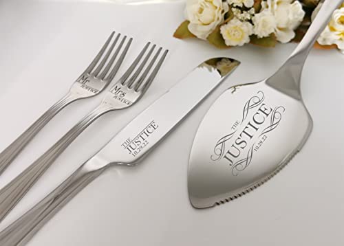 Personalized Wedding Cake Serving Set, Custom Pie Cutting Tools Gift, Engraved Stainless Steel Knife Server Forks Kit, Anniversary, Birthday, Bridal Shower Keepsake Present (Set Of 4, Gold) #TOP1