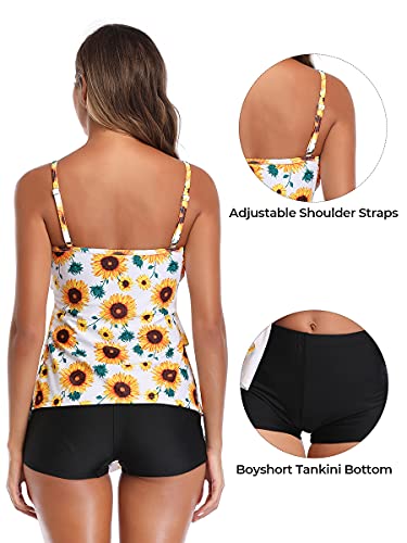Summer Mae Women 2 Piece Flounce Sunflower Printed Top With Boyshorts Tankini Swimsuits Sunflower M #TOP2