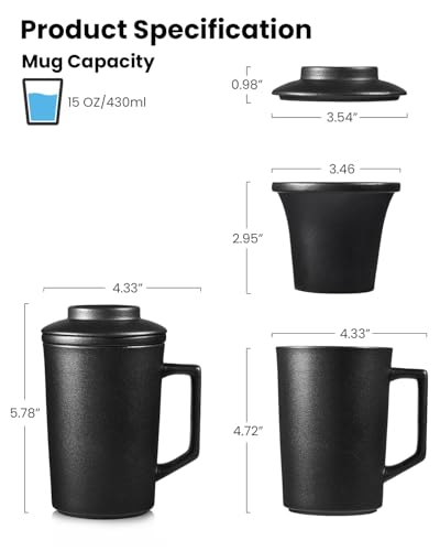 Foinly 15 oz Ceramic Tea Infuser Cup with Lid - Tea Mug with All Porcelain Strainer for Loose Leaf Teas,Microwave and Dishwasher Safe,Metal-Free,BPA-Free for Tea Lovers/Father's Day (Black) — view 2