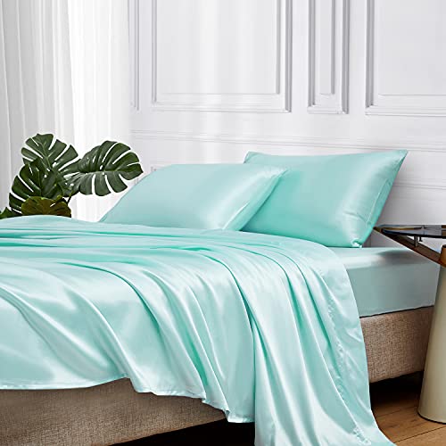 Image of MR&HM Satin Bed Sheets, Twin Size Sheets Set, 3 Pcs Silky Bedding Set with 15 Inches Deep Pocket for Mattress(Twin, Turquoise)