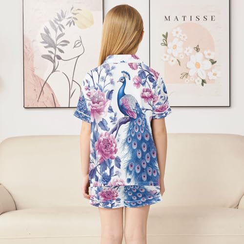 Satin Pajama Sets Short Sleeve Peacock Among Pink Flowers Button Down Silky Nightwear 2 Piece PJS 5-14Y4