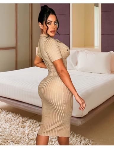 Image of Women's Fashion Sexy Elegant Comfortable Fit Vital V-Neck Knitted Short Sleeve Dress
