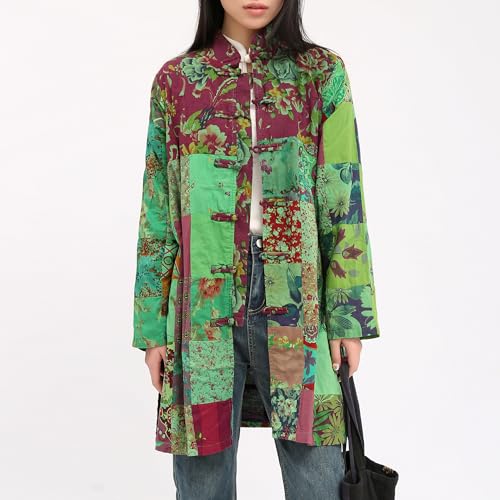 Women's Boho Floral Patchwork Jacket Lightweight Color-Blocked Plaid Windbreaker Coat for Spring & Fall2