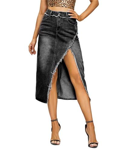 Denim Midi Skirt for Women - High Waisted Split Front Raw Slimming A-line Fit with Hugged HIPS