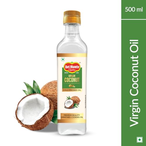 Image of Del Monte Multipurpose Cold Pressed Virgin Coconut Oil 500ml | 100% Pure, Unrefined, Kolhu /Kacchi Ghani /Mara Chekku /Ganuga | Rich Aroma & Flavour of real coconuts | Ideal for Daily Cooking, Massage, Hair, Skin & Baby Care | Cholesterol & Chemical Free | 60% MCT | Low Trans Fat Oil | Keto Friendly