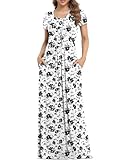 VIISHOW Women's Short Sleeve Floral Dress Loose Plain Maxi Dresses Plus Size Casual Long Dresses with Pockets, Black Flower White, 3X-Large