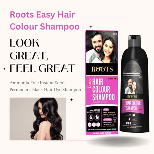 Roots 3 in 1 Easy Hair Color Shampoo Bottle (Dye, Conditioner & Shampoo) | Ammonia Free Instant Semi-Permanent Black Hair Dye Shampoo (400ml / 13.52 fl oz)