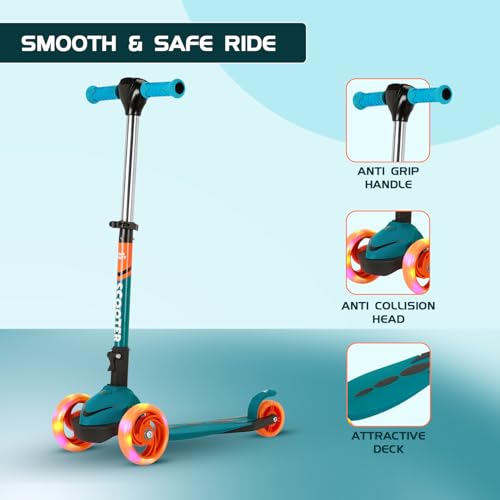 Image of AMAZON BRAND JAM & HONEY 3 Wheel Kids Scooter with RGB Light-UP Wheels,Foldable Design & Height Adjustment-BIS Certified-Indoor & Outdoor USE,Blue /Orange (UP to 20 KG)