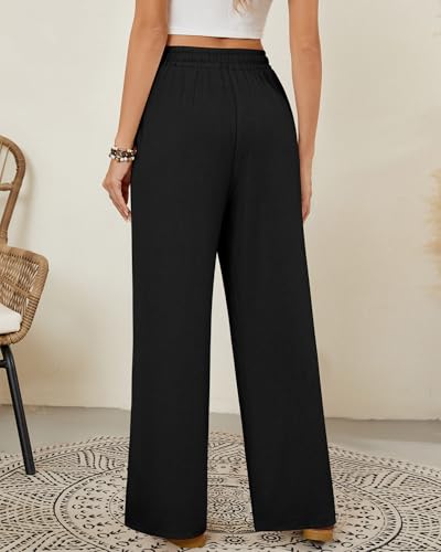 Neer 2 Pack Women's Linen Long Pants, Summer Drawstring Elastic Waist Flowy Straight Pant Casual Loose Beach Pant with Pocket2