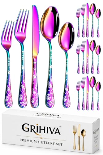 Image of 20 Pcs Rainbow Floaral Stainless Steel Cutlery Set for Dining Table with Spoons and Forks Set + Butterknives - The Perfect Tableware /Flatware