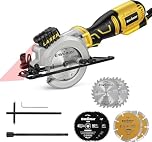 Enventor Mini Sega Circolare 705W, Sega Circolare 3500RPM con Guida Laser, Taglio Massima:42.8mm(90°) e 20mm(45°), 6 Lame adatto da 115mm (24T&60T) per Tagliare Piastrelle, Plastica, Metallo e Legno