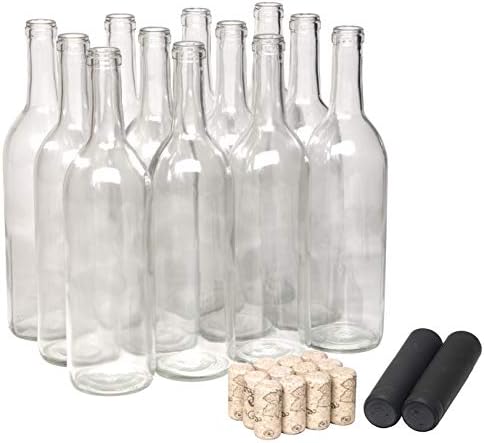 North Mountain Supply 750ml Glass Bordeaux Wine Bottle Flat-Bottomed Cork Finish - with #8 Premium Natural Corks & PVC Shrink Capsules - Case of 12