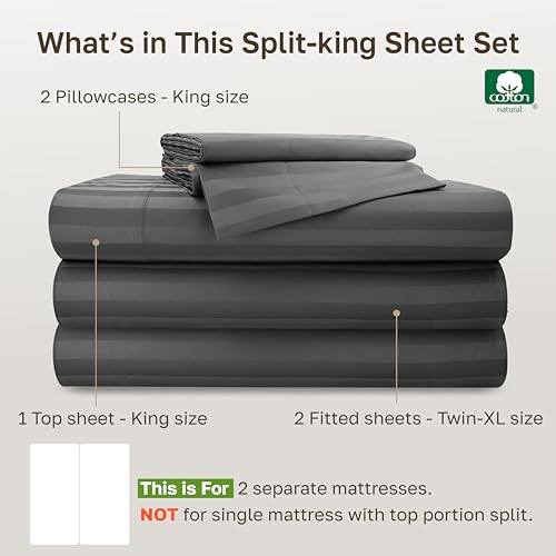 Image of Luxury Split King Size Sheets For Adjustable Bed, 100% Cotton 500 Thread Count Sateen, Snug Fit, Set With Twin-XL Fitted Sheets, Damask Stripe Sheet Sets & Pillowcases (Split King, Stripe - Grey)