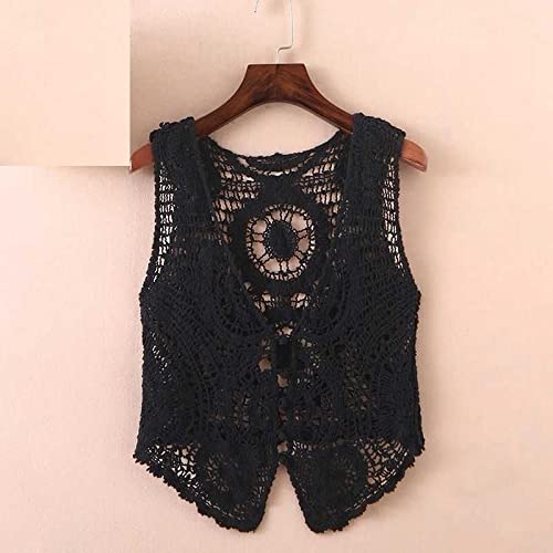 Camisolas Mujer - Top Corto Plisado De Malla Sexy, Ganchillo Hecho A Mano Para Mujer,   Camisola De Ganchillo Con Cuello En V Para Mujer De Playa, Jersey Sin Mangas, Chaleco De Playa Vintage, Negr Cover