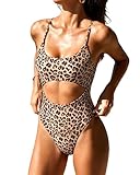 SUUKSESS Women Sexy Cut Out One Piece Swimsuit Tummy Control High Cut Monokini Bathing Suit Slimming Scoop Neck Swimwear (Leopard,M)