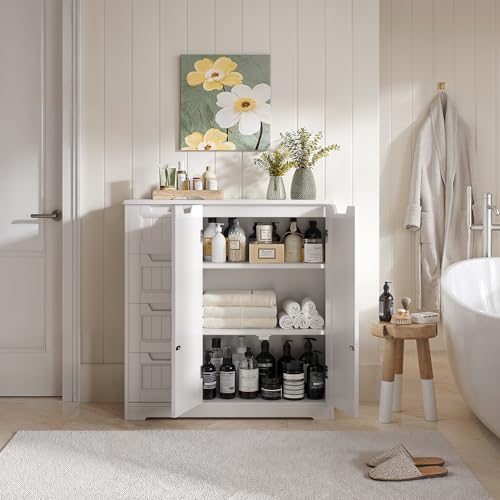 Xbro Armario de Baño con 4 Cajones y 2 Puertas, Mueble Auxiliar con Estante Ajustable para Baño, Cocina y Salón, Almacenamiento Multiusos, 81 x 30 x 83 cm, Blanco - imagen 4
