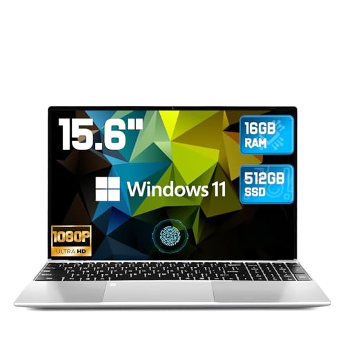 2025 Latest 15.6'' Laptop Compatible with Windows 11, 16GB RAM 512GB SSD, Quad-Core Processor(2.9 GHz), 1080p Full HD Display, Backlit Keyboard, Fingerprint, Webcam, Mini-HDMI, WiFi5, BT5, USB3.2 Gen1
