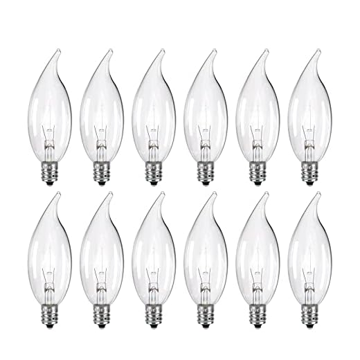 DGE 40 Watt Warm White Ceiling Fan Light Bulbs C32 Chandelier Light Bulbs Bright and Long Lasting 380 Lumen Bent Tip Light Bulb with E12 Candelabra Base, 12 Packs