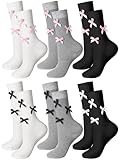 Fourluoo 6 Pairs Women's Crew Socks with Bow Cute Ankle Cotton Black White Gray Socks for Women