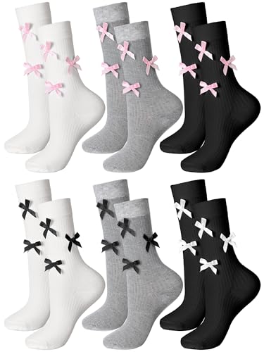 6 Pairs Women's Crew Socks with Bow Cute Ankle Cotton Black White Gray Socks for Women