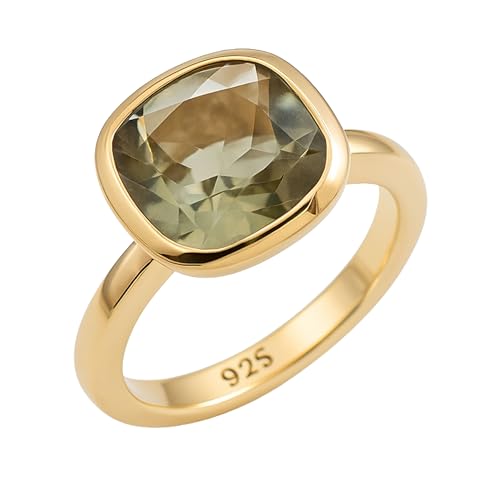 Bague en argent sterling plaqué or avec améthyste verte coussin 10 mm - Bijou élégant femme (US Size 6 / Diameter 16.5)