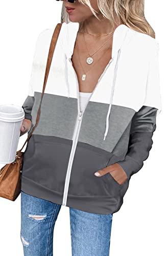 iChunhua Womens Casual Color Block Zip up Long Sleeve Hooded Hoodies Sweatshirts with Pockets White Large