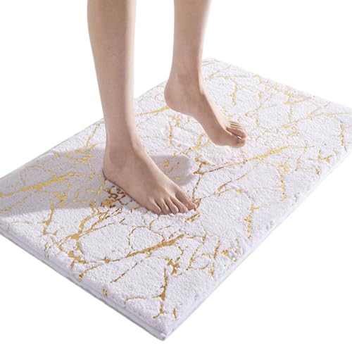 Image of Veesper Bathroom Mat 16x24in Strong Absorbent Bath Mat with Gold Texture Non-slip Fast Drying Polyester Shower Rug Soft Thick Machine Washable Rugs for Kitchen, Living Room, White