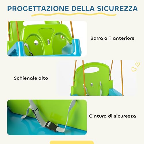 Outsunny Altalena Per Bambini 3 In 1 Da Interno Ed Esterno, Età 9-36 Mesi, Altalena Da Giardino Con Corda Regolabile E Cintura Di Sicurezza, 42X33X120-180 Cm, Verde Scuro - 5