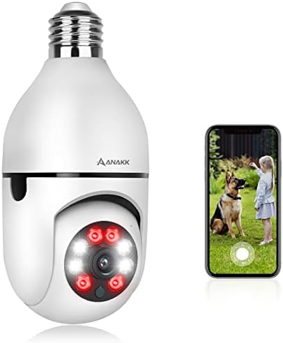 Anakk 360 Light Bulb Security Camera, 2K 3MP Wireless 2.4GHz WiFi Home Surveillance Cameras, Two-Way Audio, Baby and Pet Monitor Indoor/Outdoor, Light Socket Security Camera, Compatible with Alexa