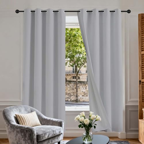 Cortinas con Ojales para Ventana 148 x 192 cm Poliéster, 100% Blackout con Ojales Cortinas Termica Dormitorio para Ventanas Sala para Niños Sala Cuarto Baño, Gris Claro