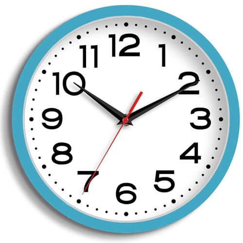 Image of Roymnie 8 Inch Small Wall Clock, Battery Operated Silent Non Ticking Blue | analog wall clock; bold numerals for easy reading; silent non-ticking; 1 AA battery (not included); for classroom
