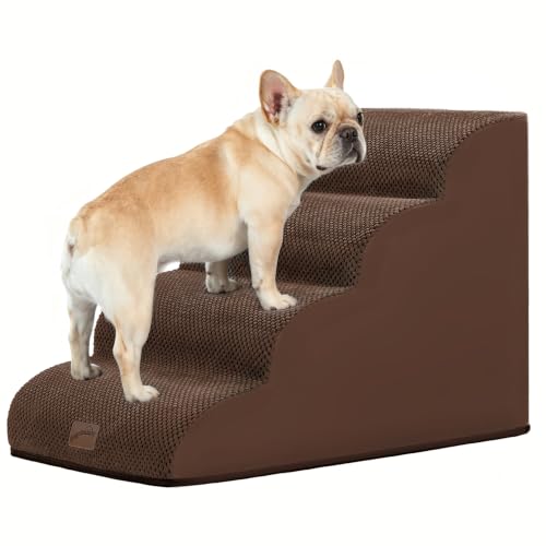 GoGoBunny Dog Stairs for High Bed, 19.7" H 4-Step Ramp Dog Steps, Brown