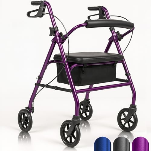 Vive Ultra Lightweight Rollator Walker with Seat - Foldable, Narrow, Rolling Senior Walker for Small Spaces - 4 Wheel Aluminum Adult Easy Drive Aid with Underseat Accessory - Weighs Only 14 Lbs