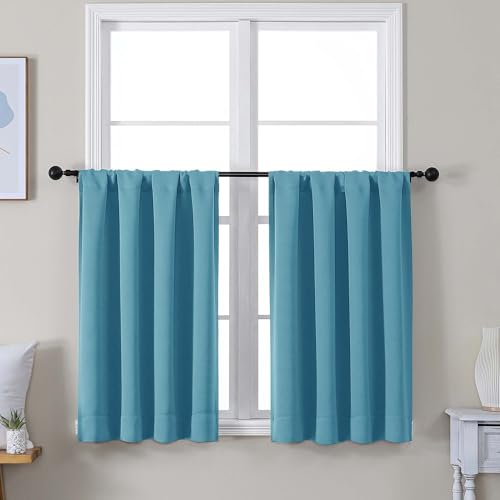 Image of Simplebrand Ava Turquoise Short 36 Inches Blackout Curtain 2 Panels Set, Half Window Rod Pocket Privacy Curtain Tiers for Kitchen, Curtains Blackout for Bathroom Shades, W40 x L36 Inch, Turquoise
