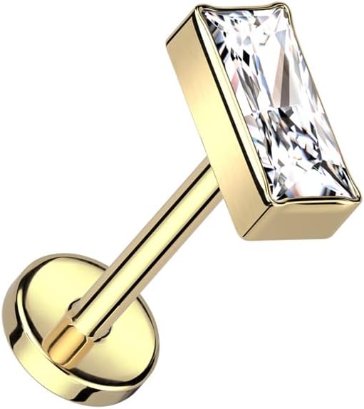 18 Gauge Implant Grade Titanium Threadless Push In Labret With Rectangular CZ Top (Choose Color)