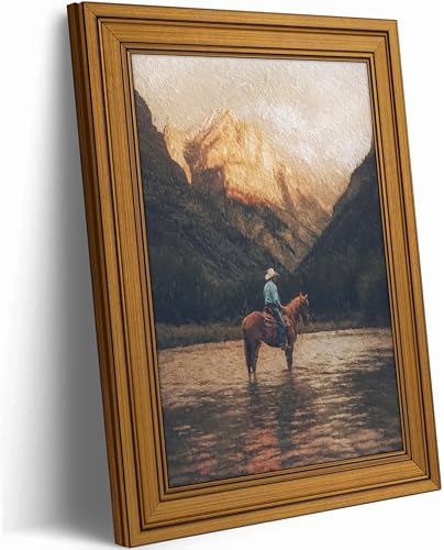 Vintage Gold Framed Western Cowboy Canvas Wall Art, Horse Rider Poster Print Artwork, Alpine Lake Landscape Painting Picture Wall Decor, for Living Room, Bedroom, Home Decoration, 12x16in