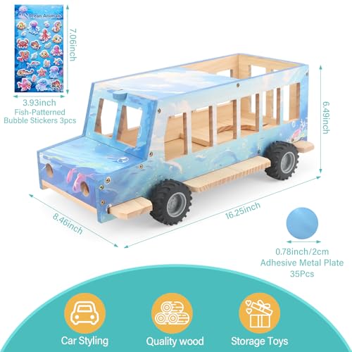 Image of Ocean Theme Car for Tonies Box Shelf Storage for Toniebox 1 /2 Player Tonies Figures Characters for Children with 35Pcs DIY Adhesive Metal Plate & 3 Ocean Animal Stickers, Rolling Display & Storage