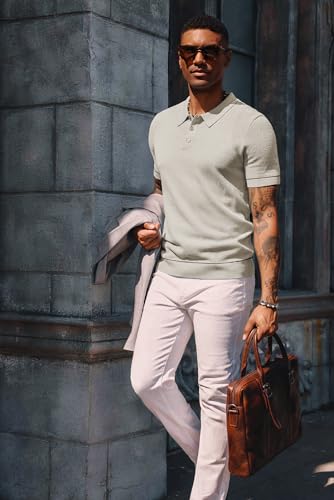 PJ PAUL JONES Knit Polo Shirts for Men Short Sleeve Textured Golf Summer Retro Polo Shirts Beige L