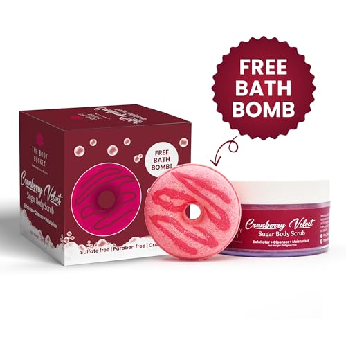 Image of The Body Bucket Cranberry Velvet Sugar Body Scrub- 200g | Included Free Bath Bomb | 3-in-1 Exfoliator, Cleanser, Moisturizer | De-Tan & Brightens Dark Areas| Smooths Strawberry Legs & Arms | Sulfate & Paraben Free