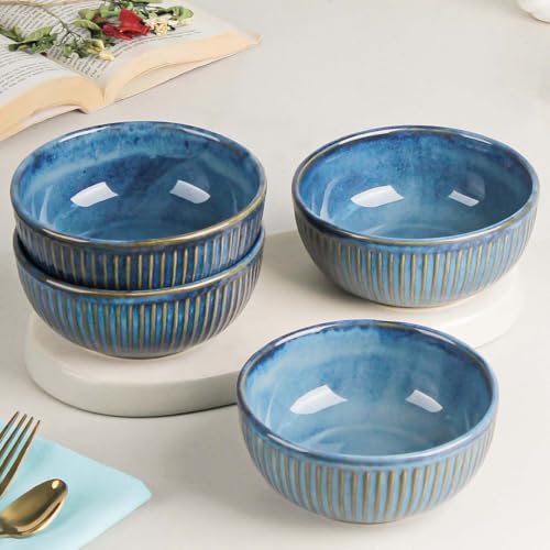 Image of The Earth Store Glam Blue 500ml Each Ceramic Bowls for Kitchen | Dishwasher & Microwave Safe | Bowl Mixing | Bowl for Snacks, Rice, Dal, Fruits, Salad, Noodles, Maggi and More Serving Bowl (Set of 4)